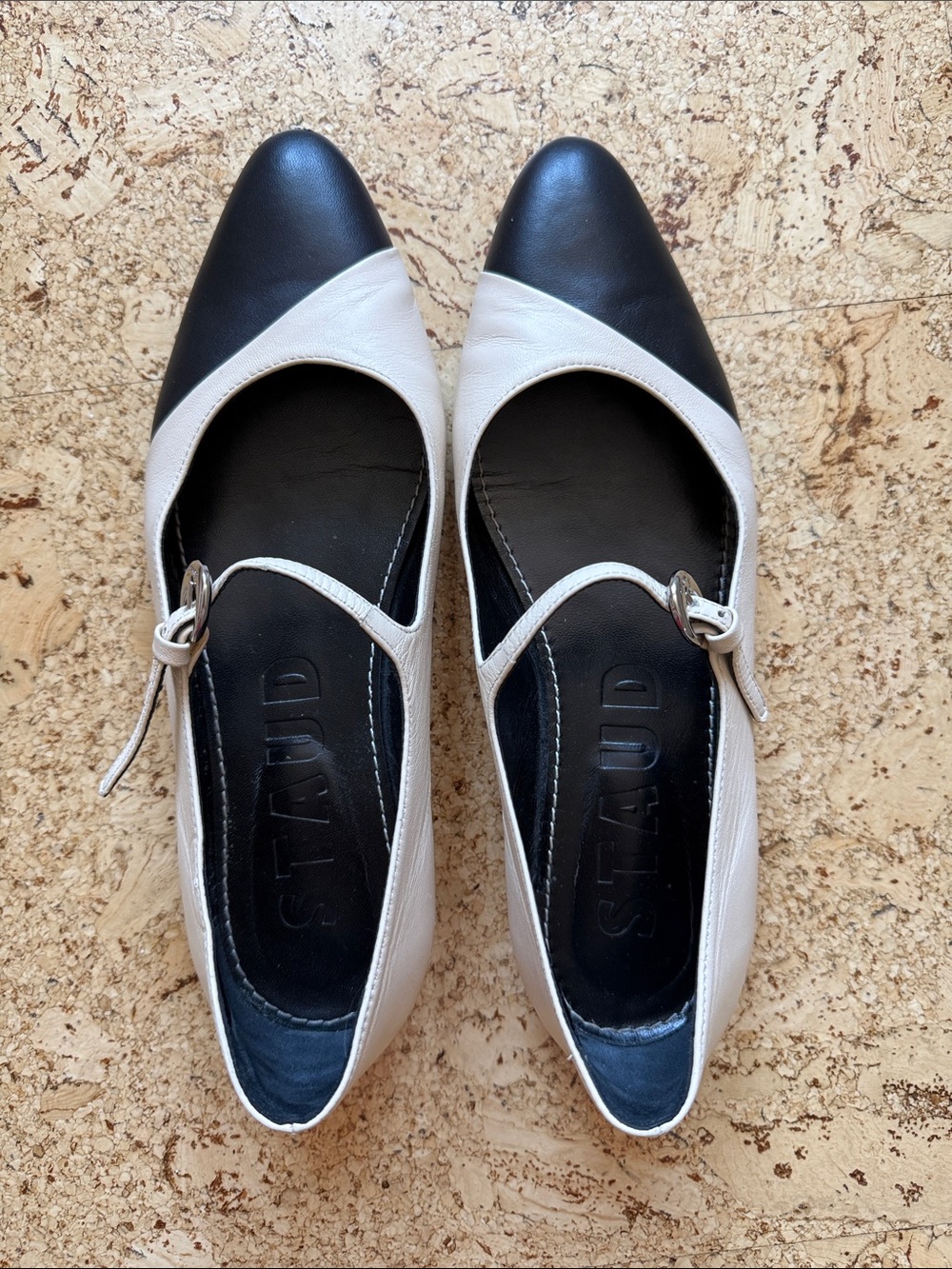 STAUD Two-Tone Black and Cream Pointed Mary Jane Flats